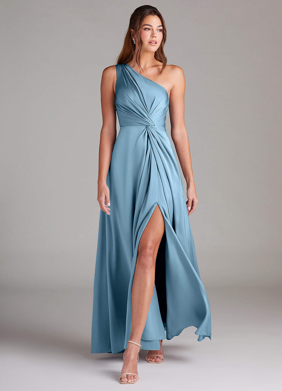 Azazie Brooke Bridesmaid Dresses Steel Blue A-Line One Shoulder Stretch Satin Dress image2