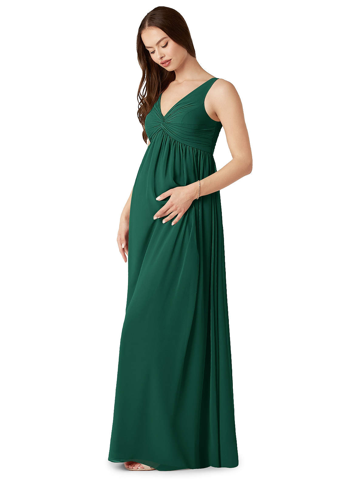 Azazie Yetta vestidos de dama de honor de maternidad Vestido de Corte en A Cuello en V fruncido Hasta el suelo Gasa image3