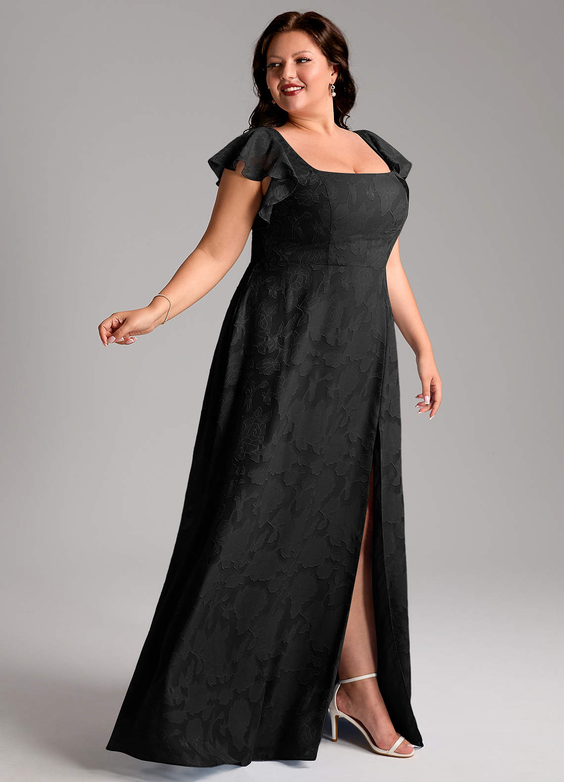 Azazie Bondi Bridesmaid Dresses Black A-Line Side Slit Floral Burnout Dress image8