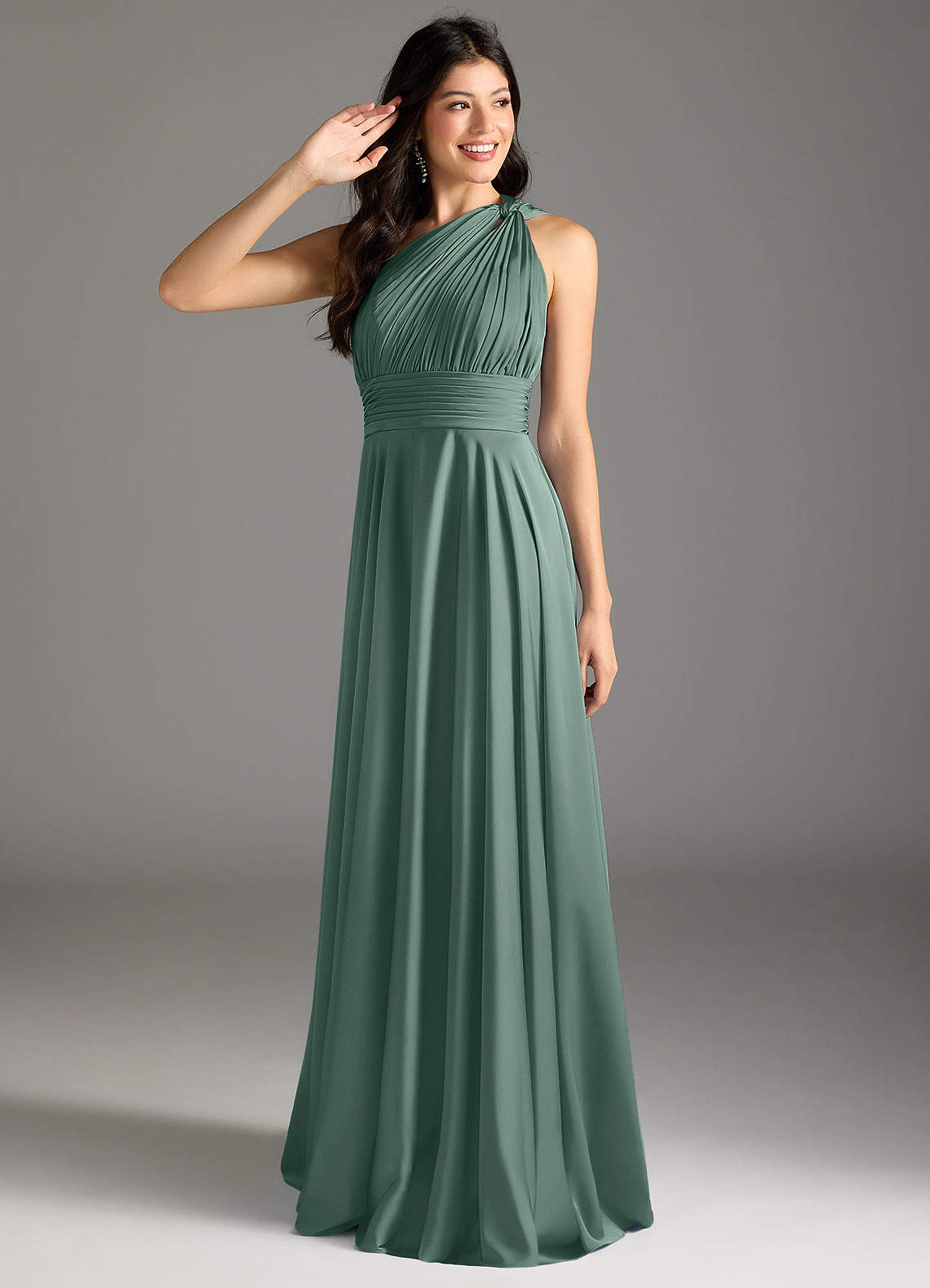 Azazie Charlize Bridesmaid Dresses Eucalyptus A-Line One Shoulder Stretch Satin Dress image1