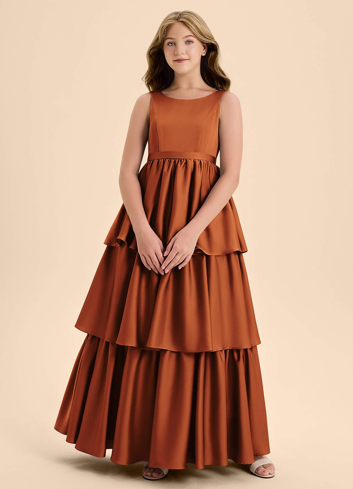Azazie Meadowyn Junior Cinnamon A-Line Bow Stretch Satin Dress image1