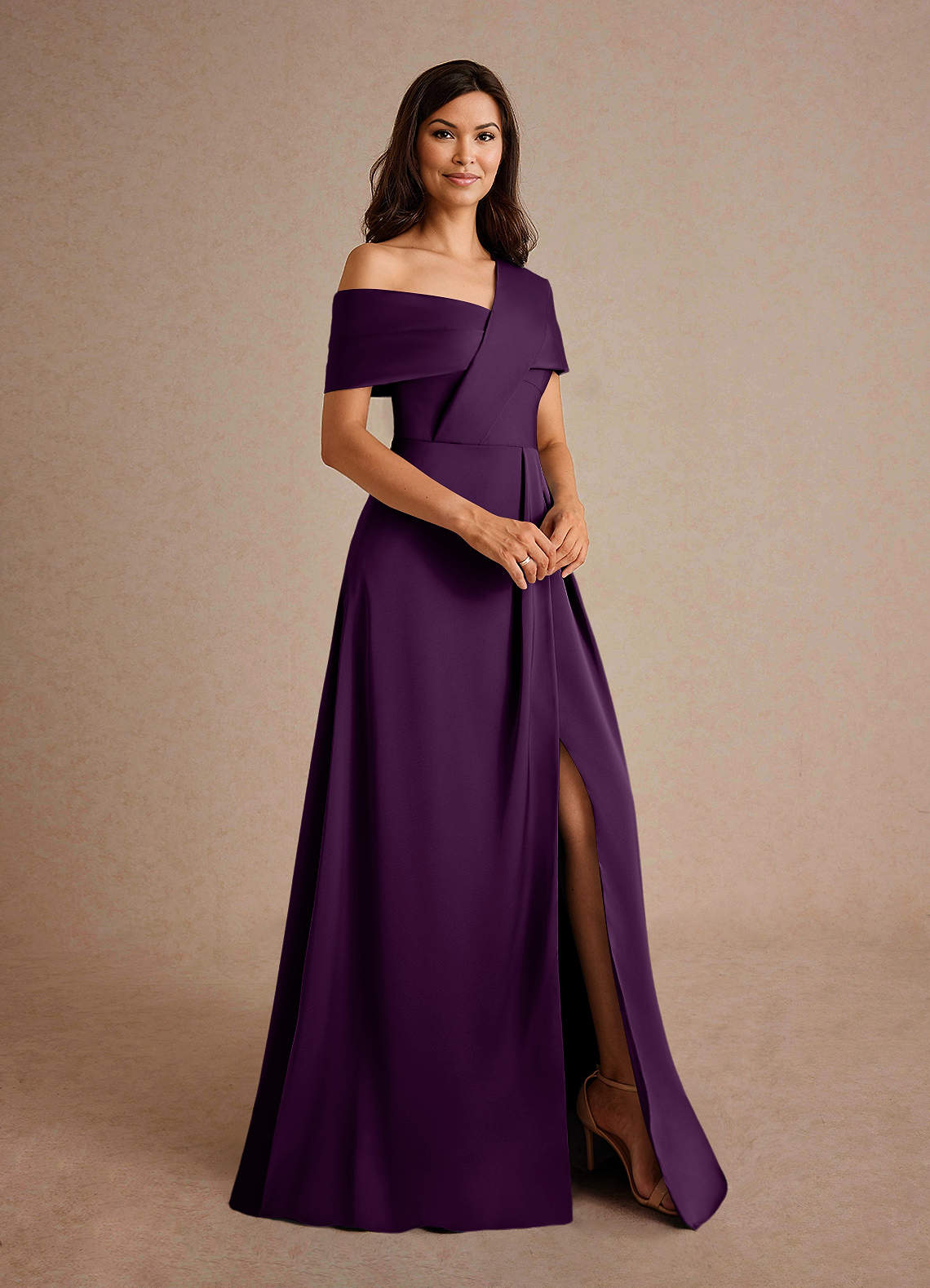 Azazie Milton Mother of the Bride Dresses Grape A-Line Pleated Stretch Satin Dress image5