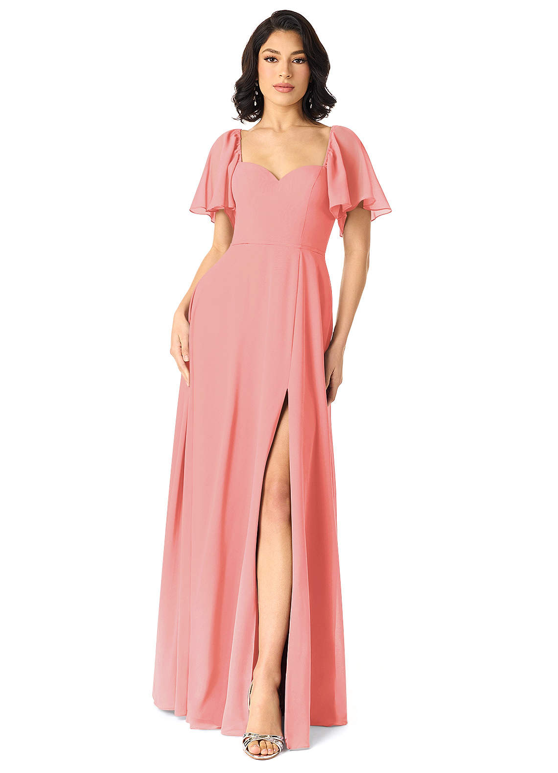 Azazie Chloe Bridesmaid Dresses Coral A-Line Sweetheart Neckline Chiffon Dress image1