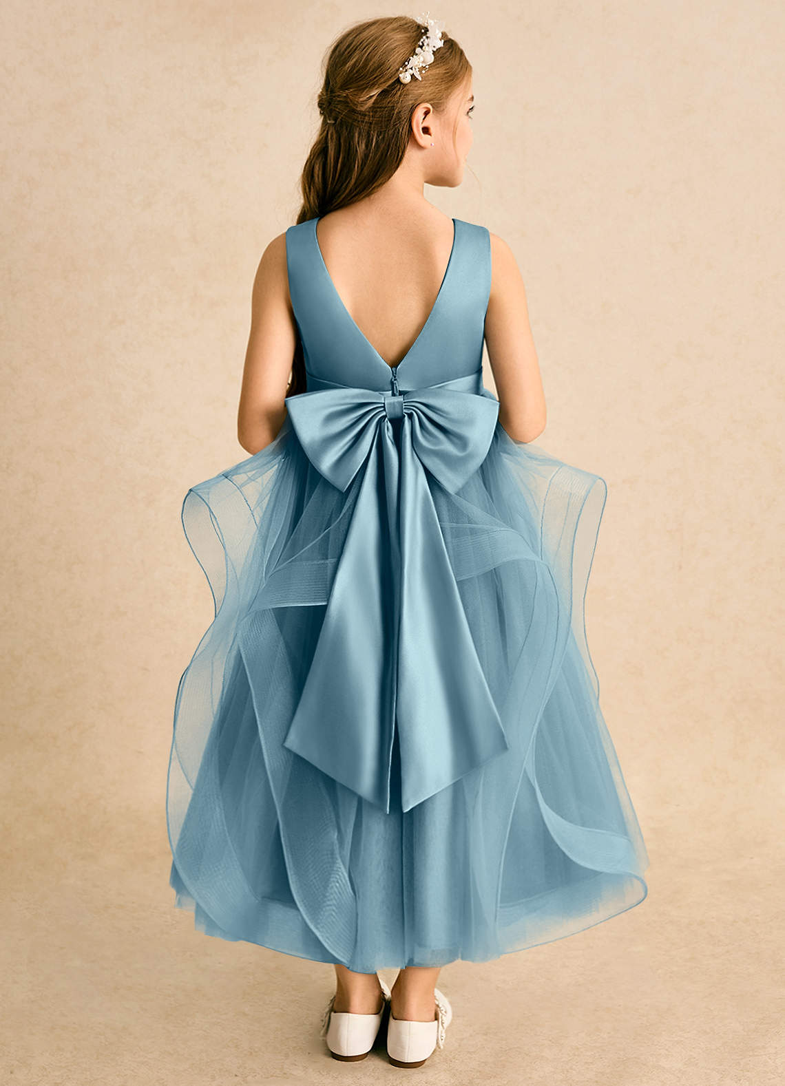 Azazie Vana Blumenmädchenkleider Ballkleid Schleifen Tüll Kleid Stimmungsvolles Blau image1