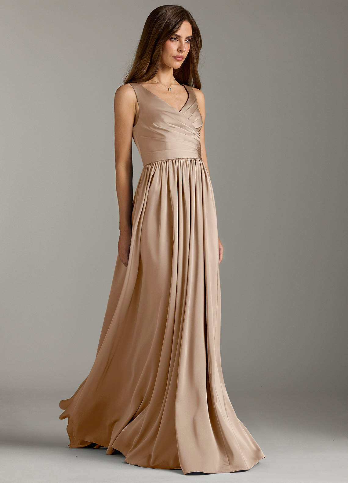 Azazie Keyla Bridesmaid Dresses Taupe A-Line Pleated Stretch Satin Dress image1