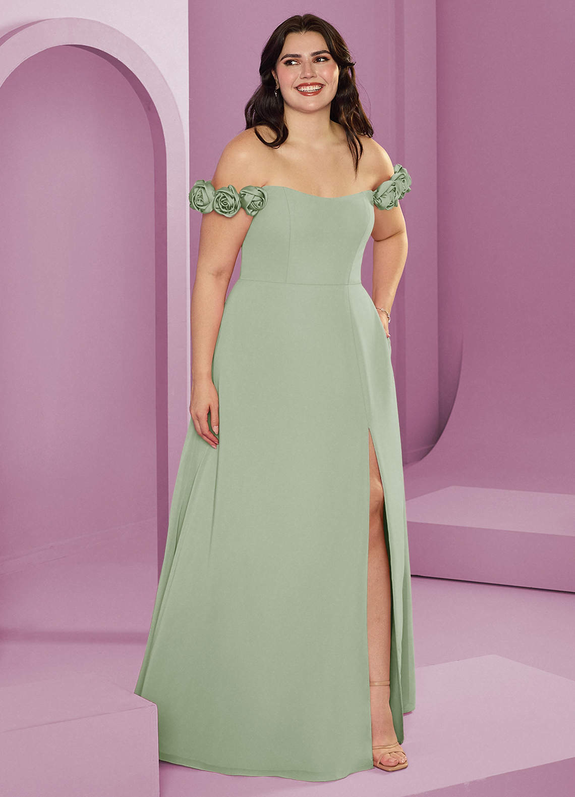 Barbie ♥ Azazie Abiti da Damigella Abito Convertibile A-Line in Chiffon a Spalla Scoperta Verde Salvia image1