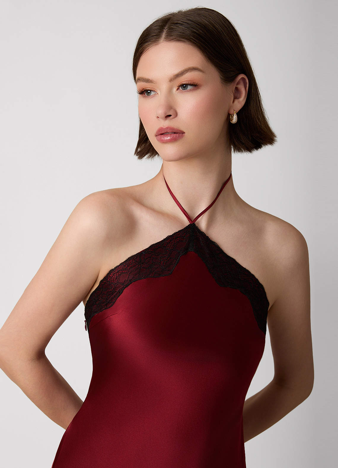 Cayley Burgundy 100% Washable Silk Halter Lace Mini Dress image2