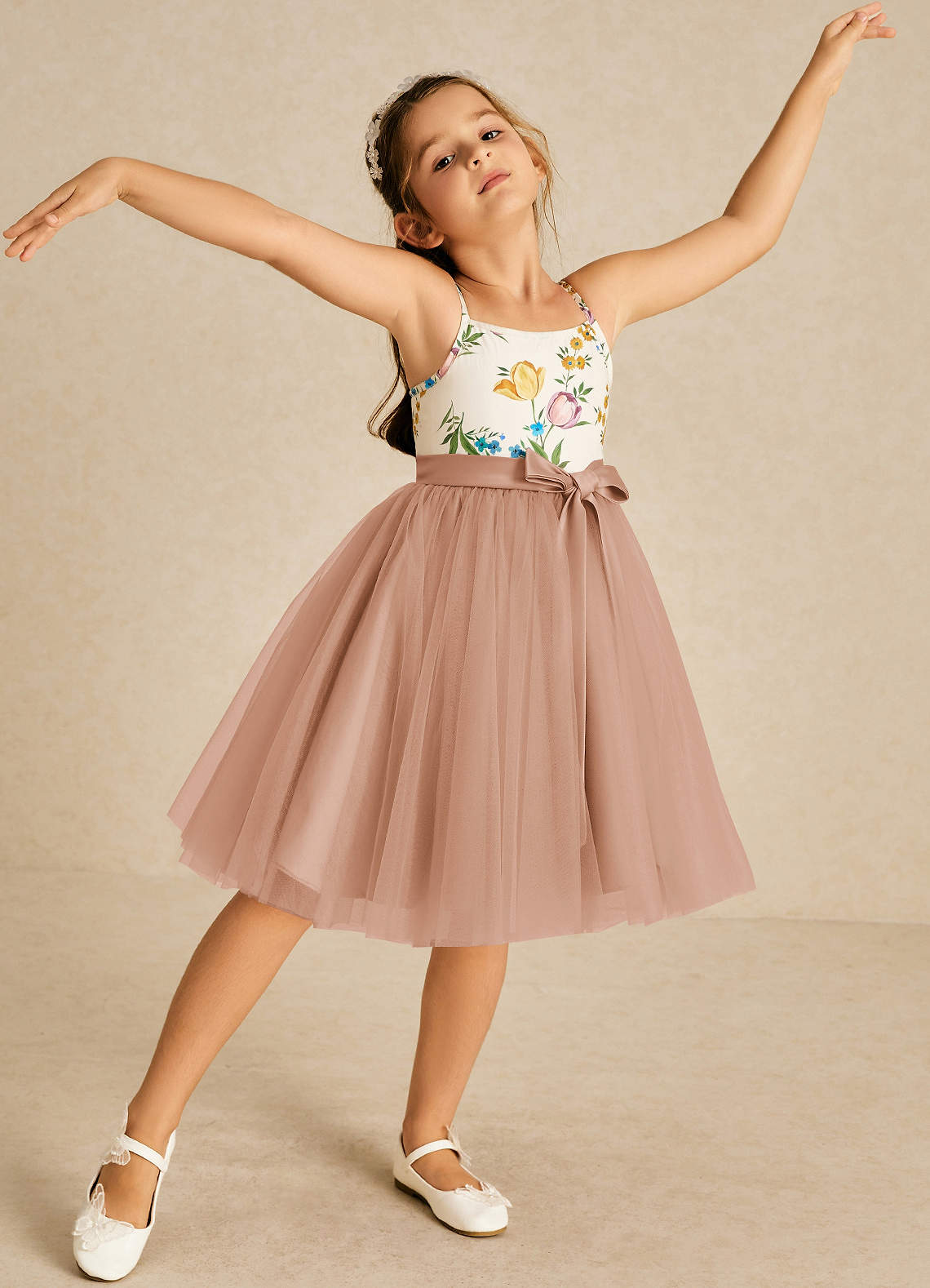 Azazie Jollie Flower Girl Dresses Champagne Rose A-Line Spaghetti Strap Tulle Dress image1