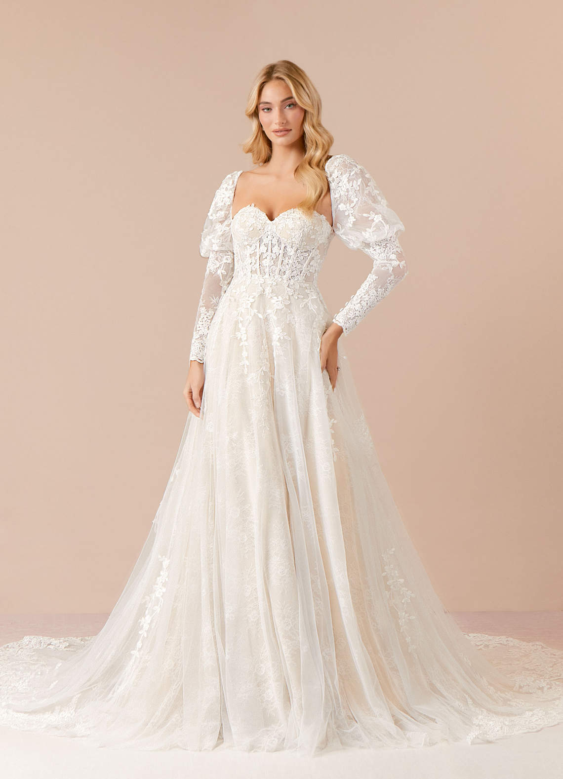 Diamond White/Champagne Azazie Dori A-Line Lace Tulle Cathedral Train Dress