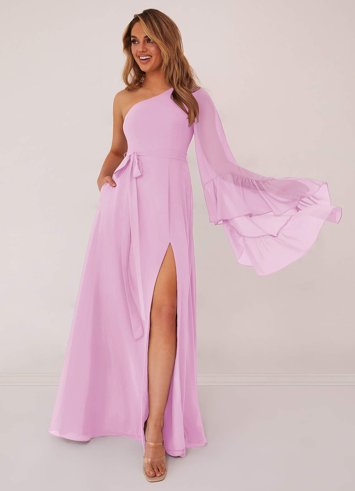 Barbie ♥ Azazie Brudtärnklänningar Klänning av A-Line i Chiffong Långärmad Godisrosa image1