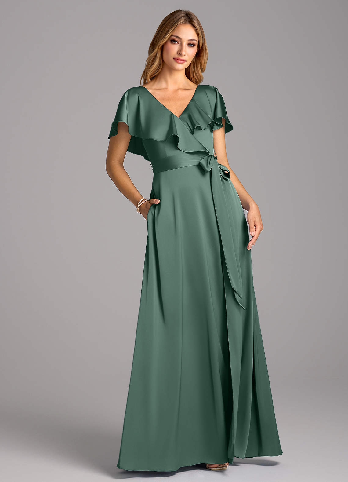 Azazie Lainey Bridesmaid Dresses Eucalyptus A-Line with Pockets Stretch Satin Dress image1