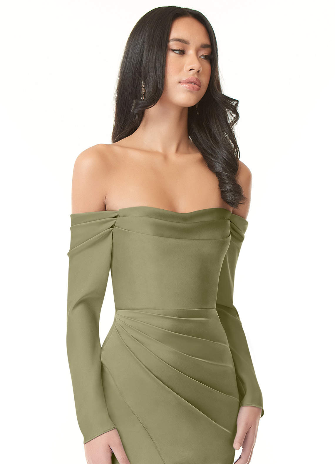 Azazie Hallie Bridesmaid Dresses Pistachio Sheath Off-The-Shoulder Long Sleeve Stretch Satin Convertible Dress image1