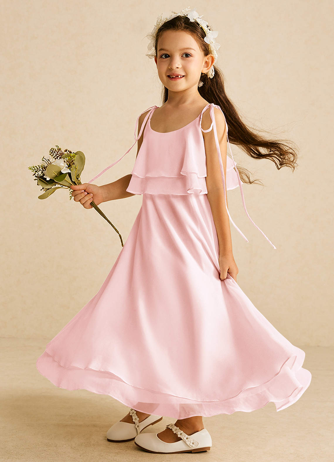 Azazie Temi Flower Girl Dresses Blushing Pink A-Line Spaghetti Strap Chiffon Dress image1