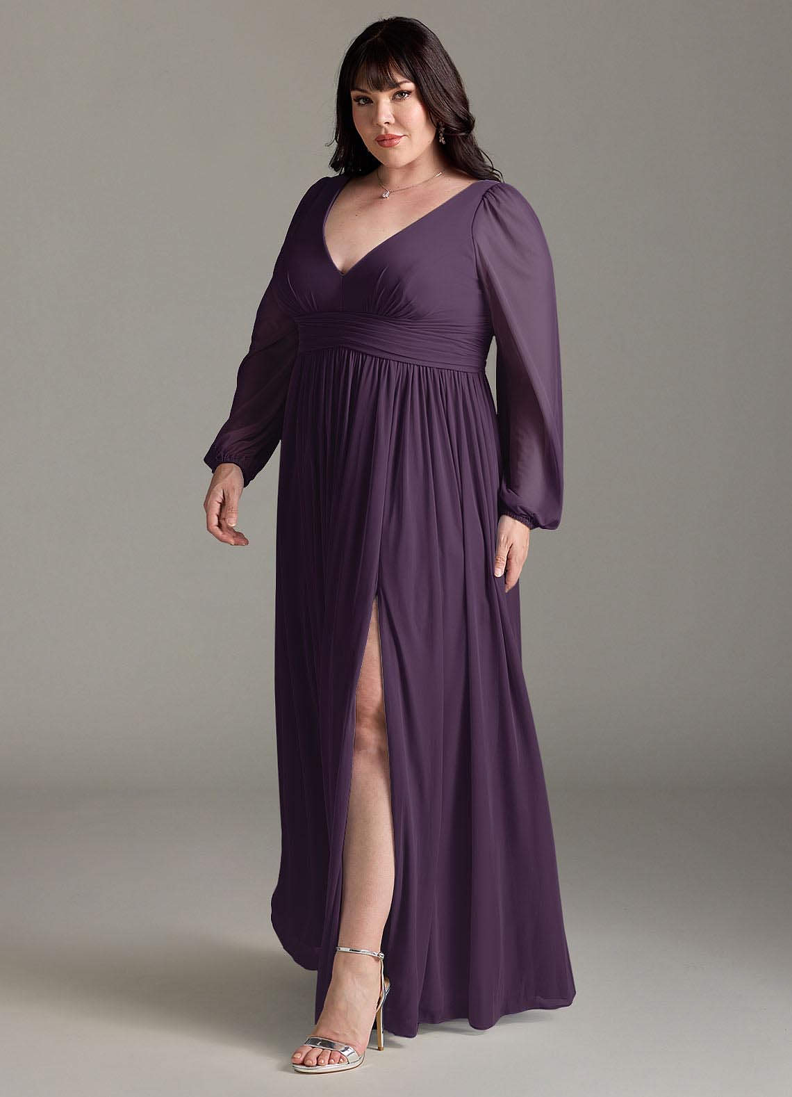 Azazie Norah Jurken voor bruidsmeisjes Jurk van Chiffon met A-Lijn V-hals lange mouw Pruim image10