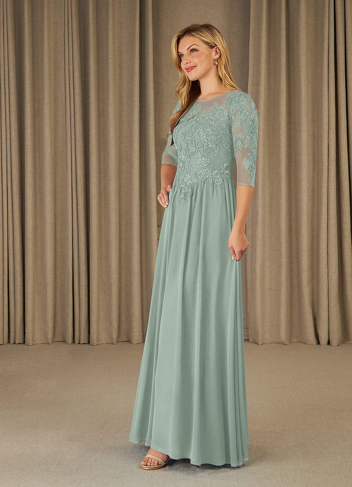 Azazie Mirielle At-home Try On Dresses Agave A-Line Scoop Lace Chiffon Dress image2