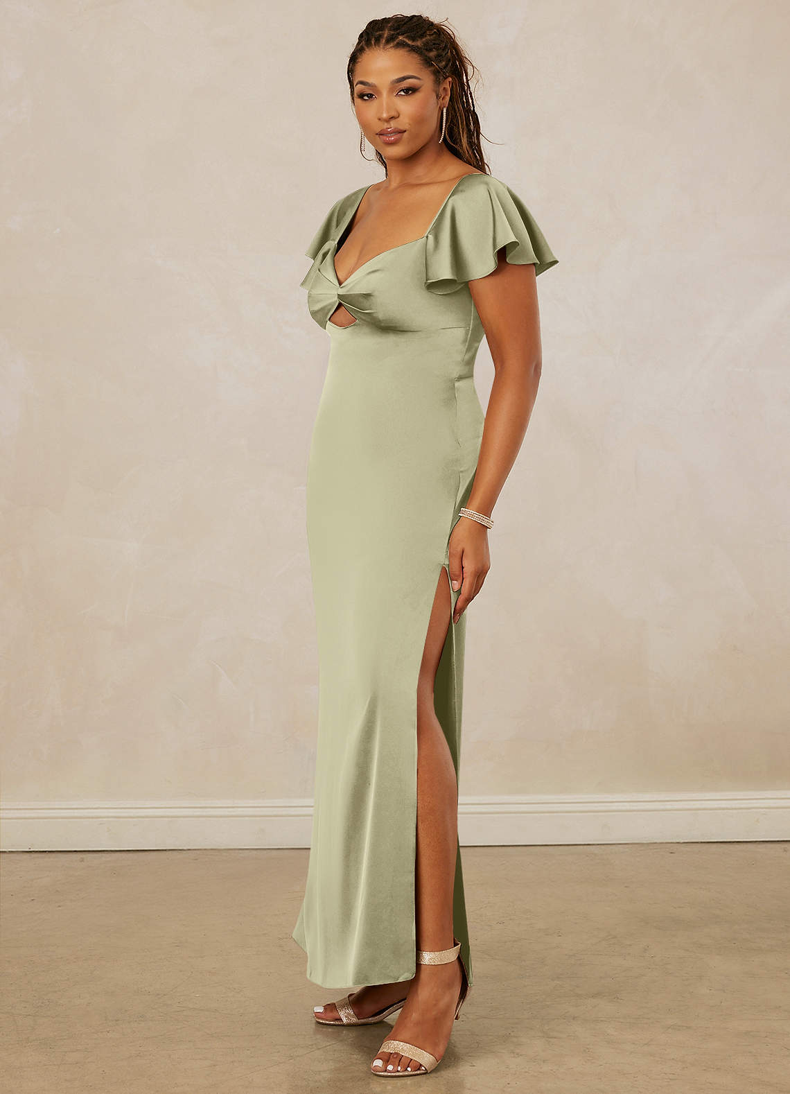 Christian Siriano Bridal for Azazie 1005 Bridesmaid Dresses Flutter Sleeve Stretch Satin Sheath Dress image10