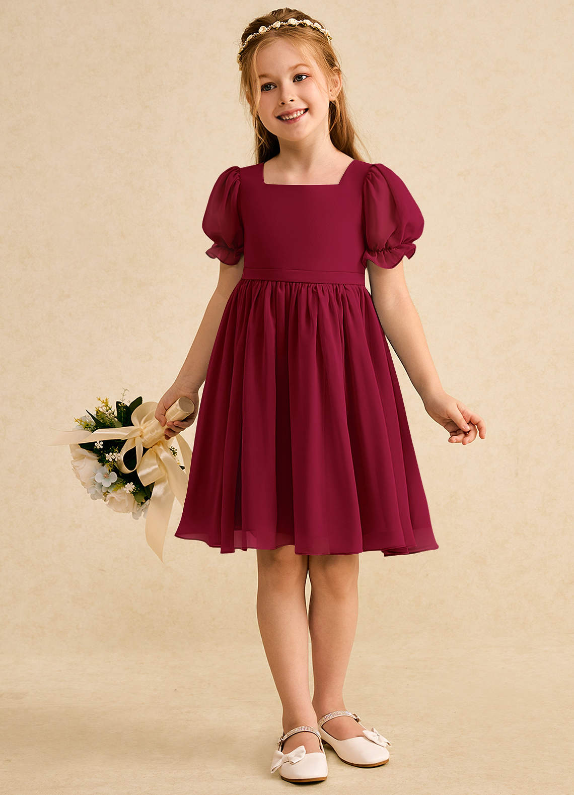 Azazie Jolie Flower Girl Dresses Burgundy A-Line with Sleeves Chiffon Dress image3