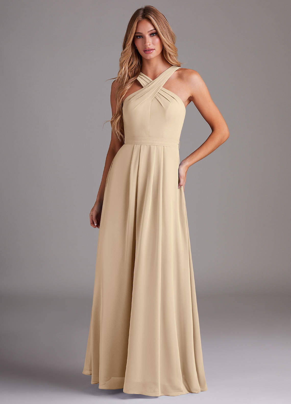 Azazie Dixie Abiti da Damigella Abito A-Line in Chiffon con Scollo Halter a Pieghe Champagne image1