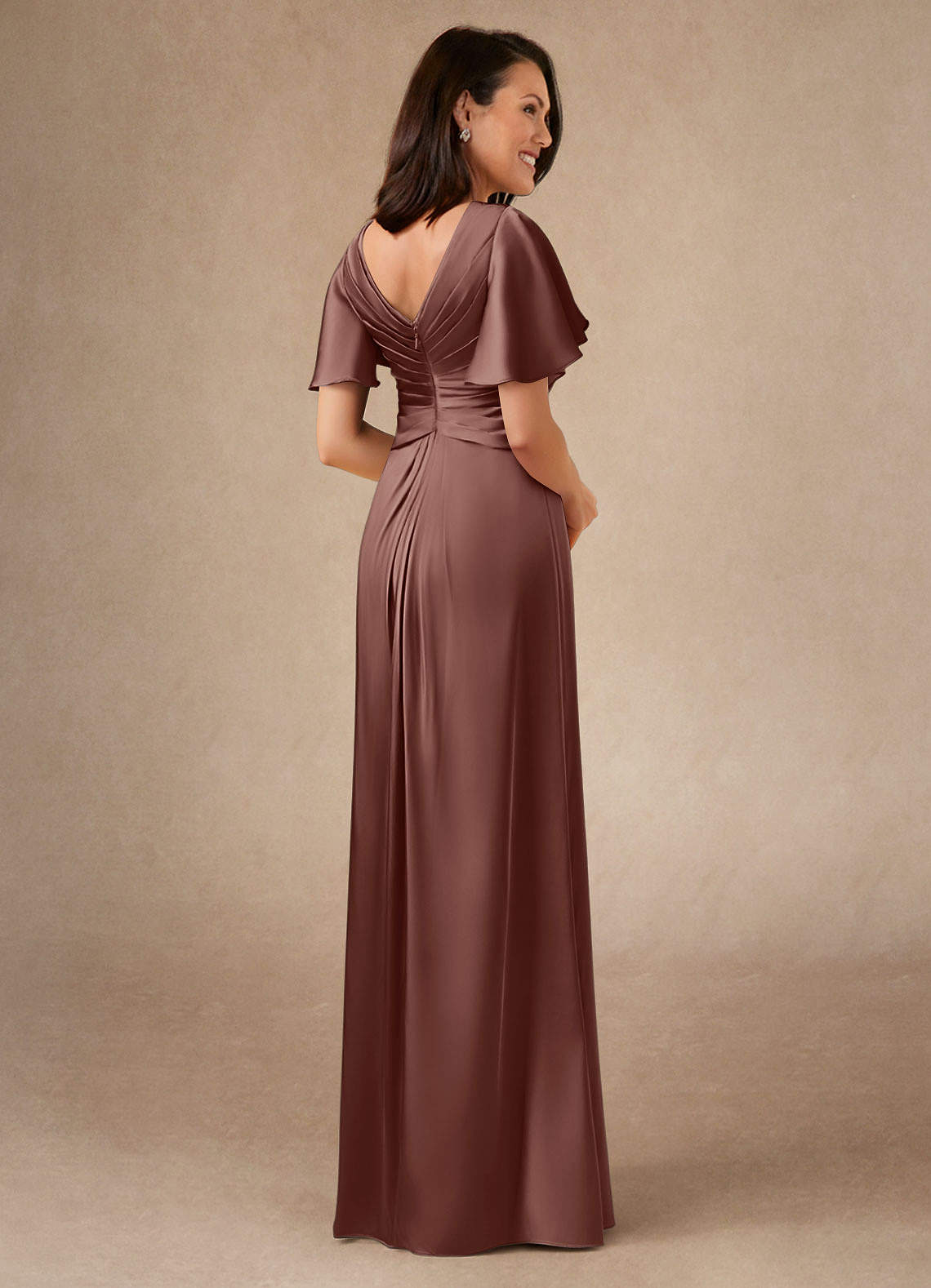 Azazie Emmeline Mother of the Bride Dresses Espresso A-Line Pleated Stretch Satin Dress image1