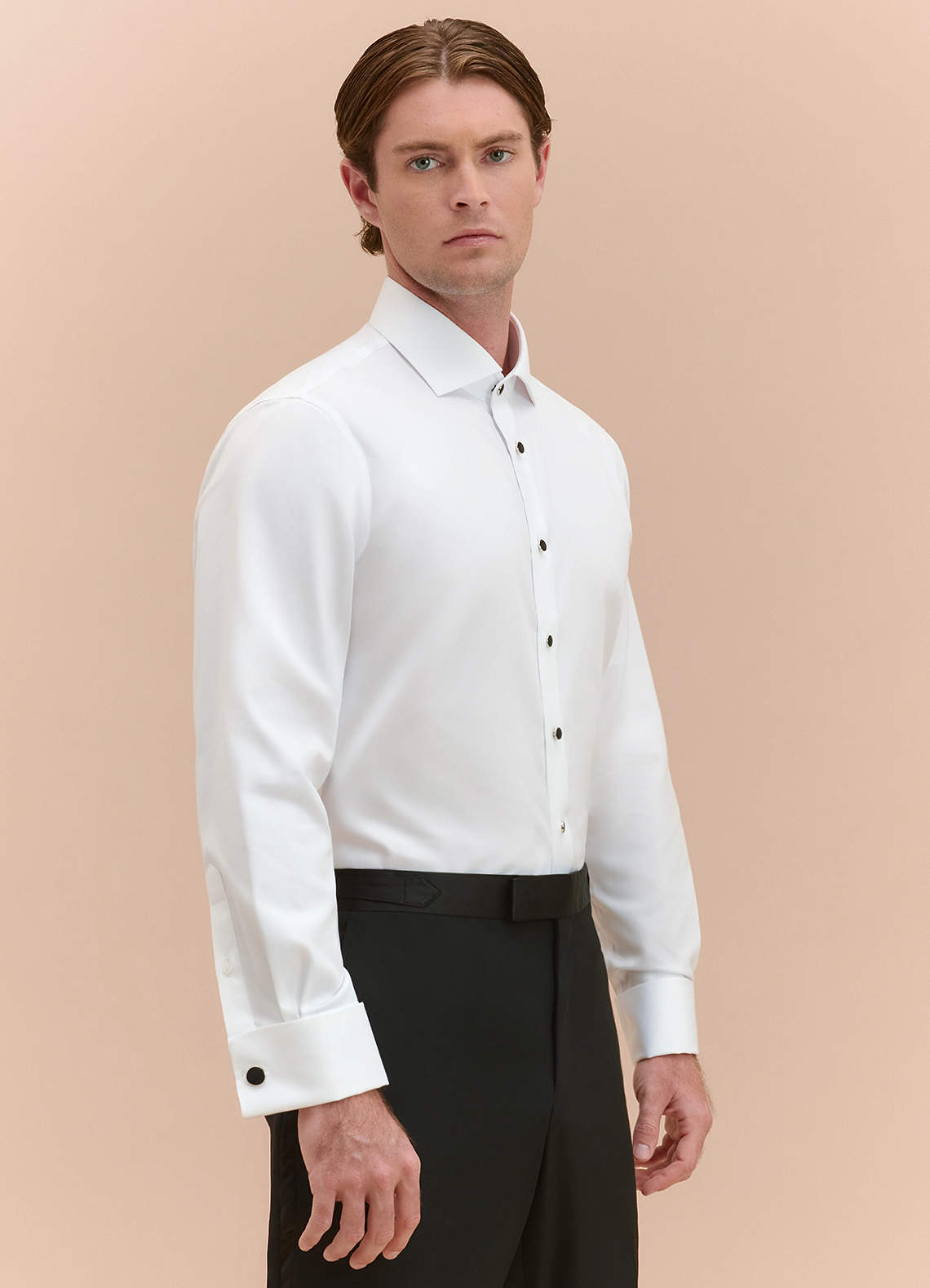 front Henry White Stud-Front Cotton Tuxedo Shirt