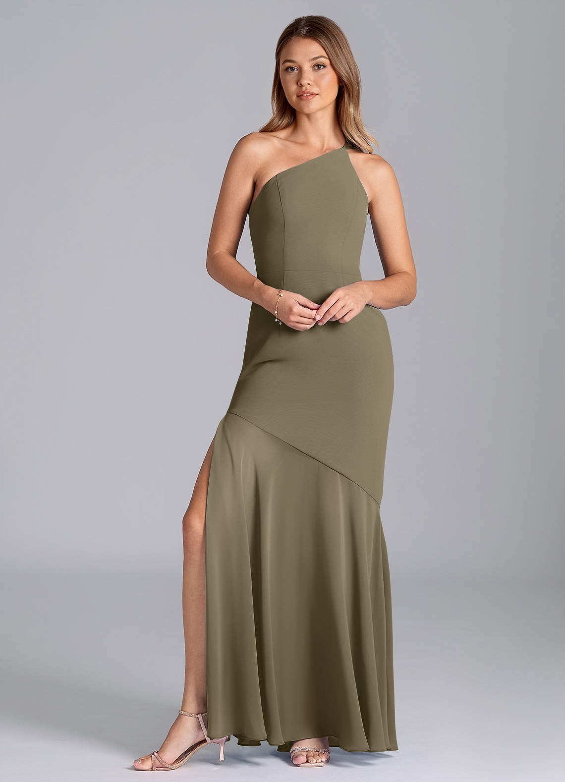 Azazie Tilla Bridesmaid Dresses Willow Green Mermaid One Shoulder Chiffon Dress image1