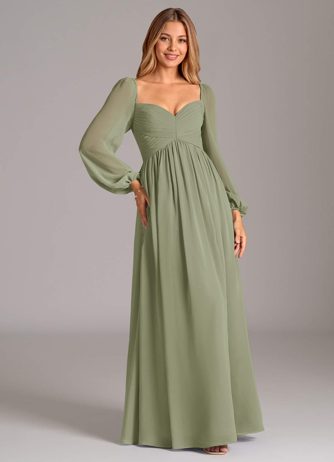 Azazie Bailee Bridesmaid Dresses Pistachio A-Line Long Sleeve Chiffon Dress image4