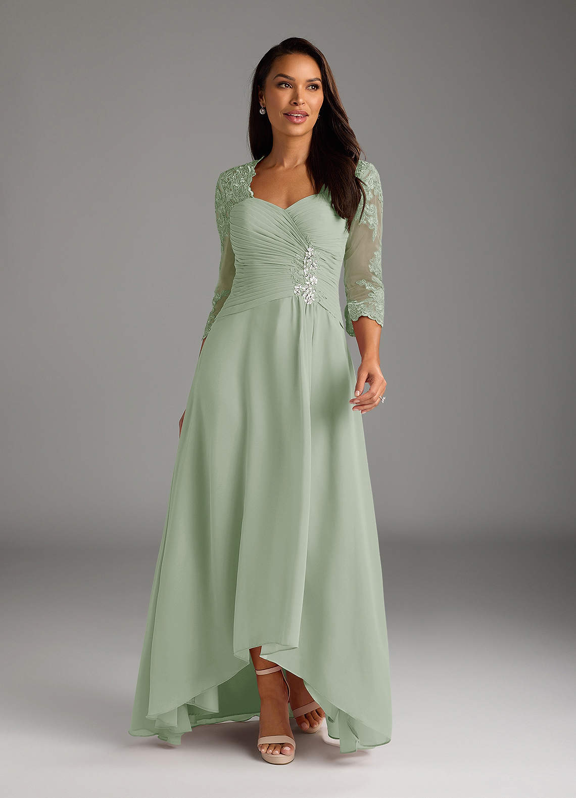Azazie Devereaux Mother of the Bride Dresses Dusty Sage A-Line Lace Chiffon Dress image1
