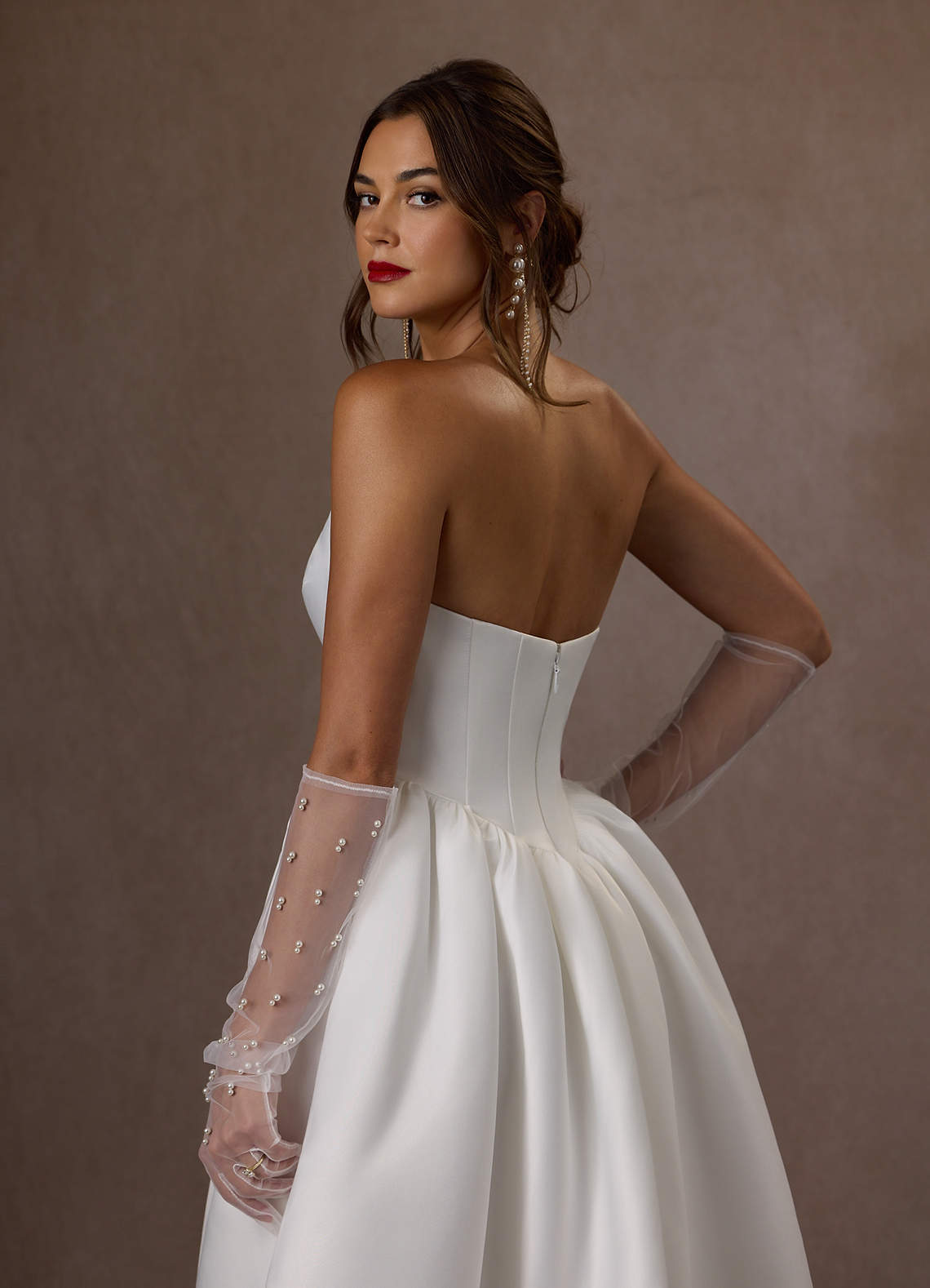 Azazie Kamira At-home Try On Dresses Diamond White Ball-Gown Strapless Satin Dress image7