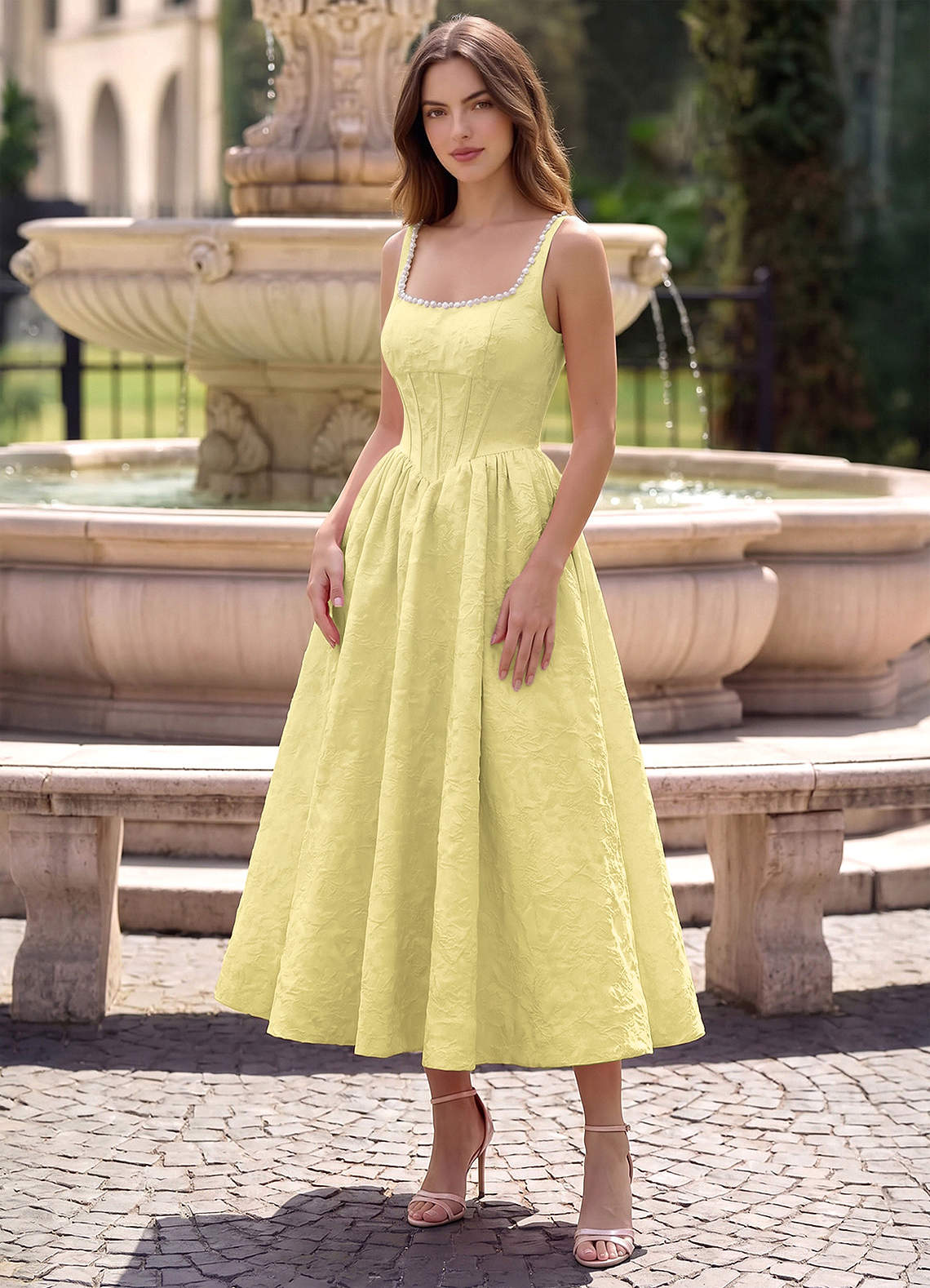 Sephone Yellow Square Neck Pearl Corset Midi Dress Prom and Homecoming Dresses