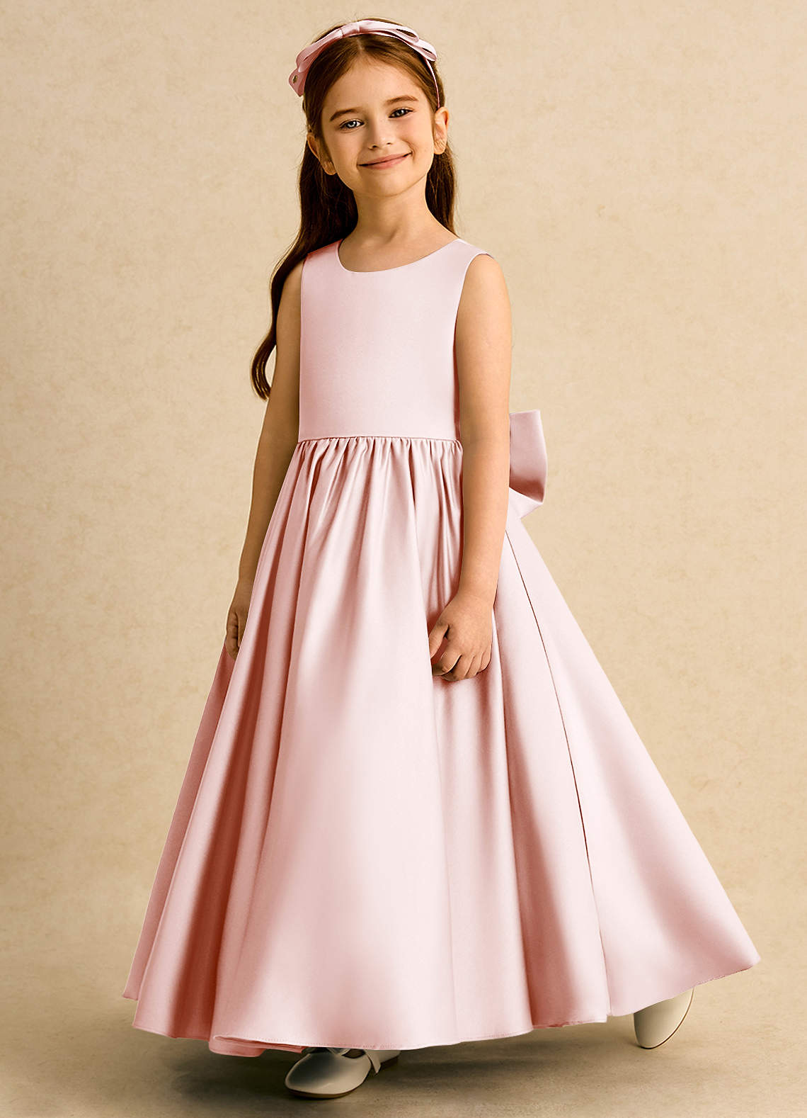 Azazie Nellia Flower Girl Dresses Blushing Pink A-Line Bow Matte Satin Dress image2