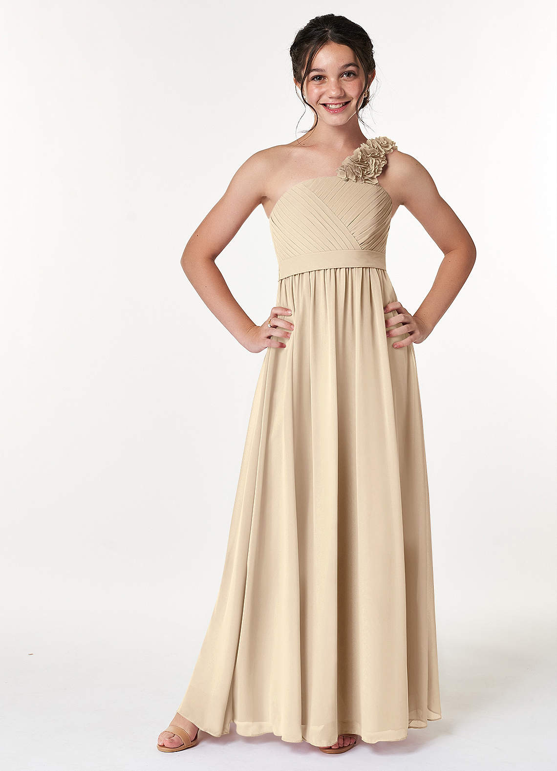 Azazie Flower Junior A-Linie Plissee Chiffon Kleid Champagner image1