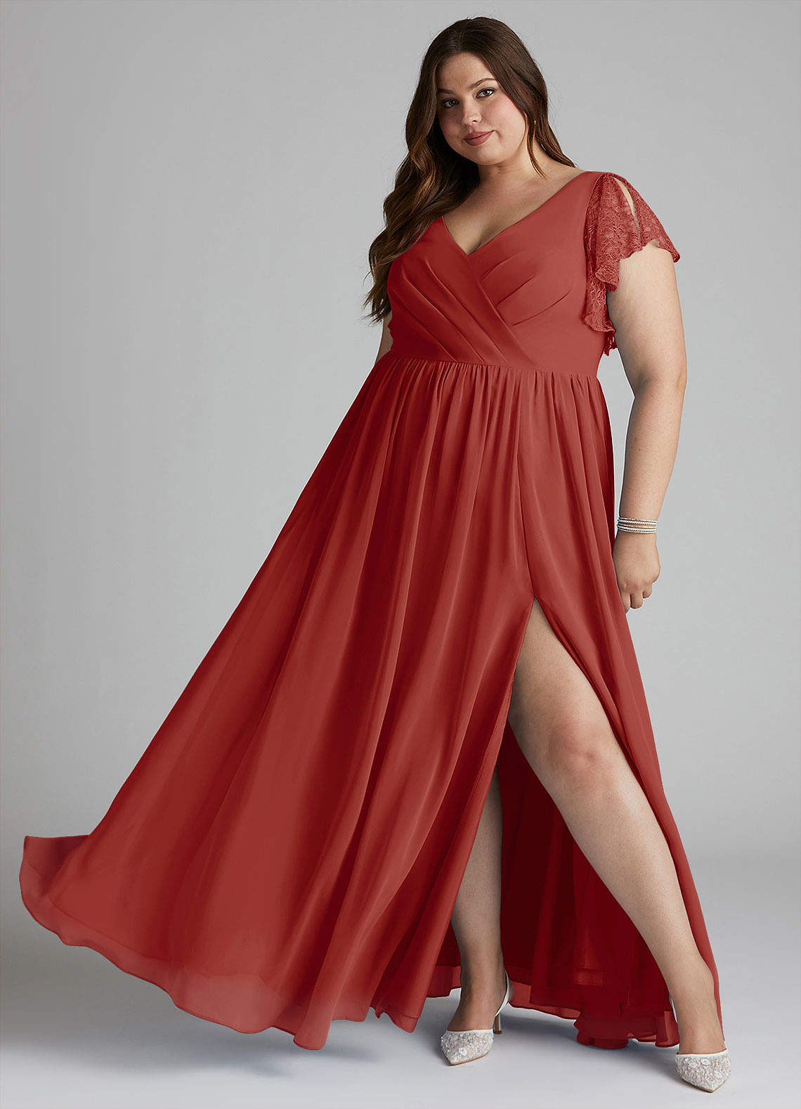 Azazie Zella Robes de demoiselle d'honneur Robe Trapèze en Mousseline de soie Dentelle Terracotta image1