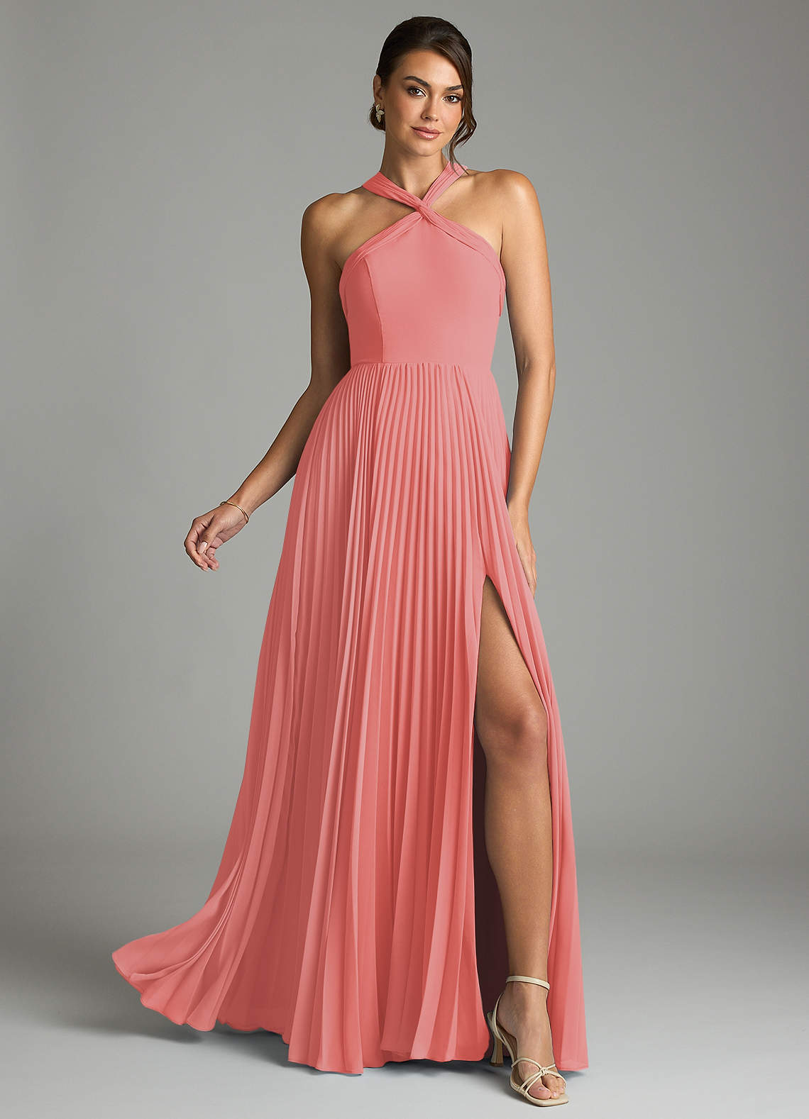 Azazie Afra Abiti da Damigella Abito A-Line in Chiffon Plissettato Corallo image1