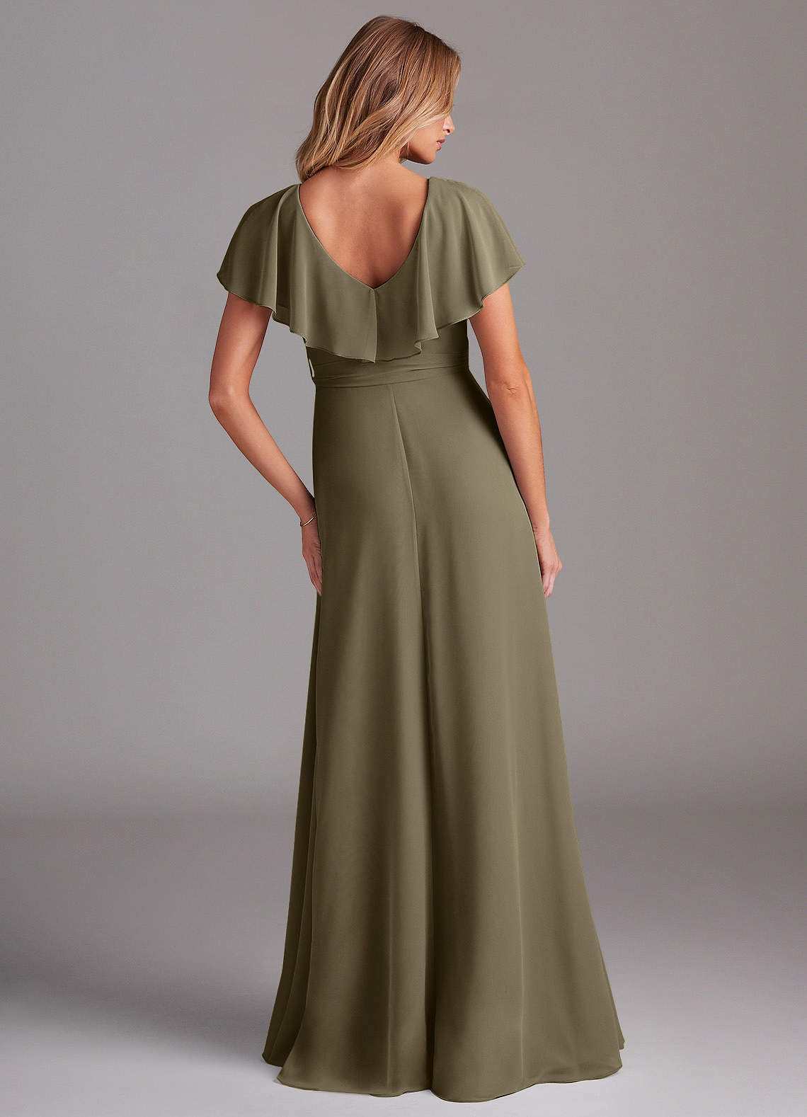 Azazie Lainey At-home Try On Dresses Dusty Sage A-Line with Pockets Chiffon Dress image6