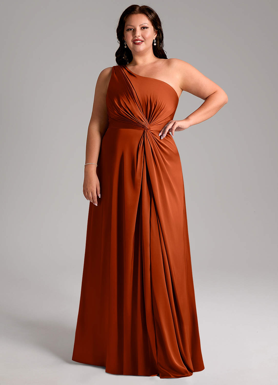 Azazie Brooke Jurken voor bruidsmeisjes Jurk van Stretch Satijn met A-Lijn One-Shoulder Paprika image11