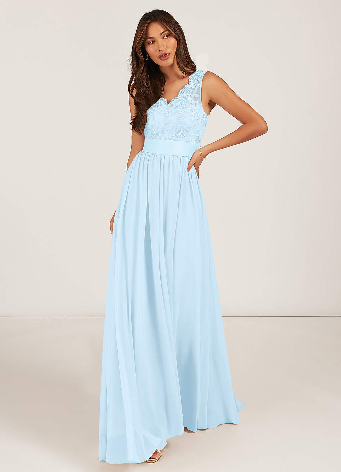 Azazie Gertrude Abiti da Damigella Abito A-Line in Chiffon Pizzo Azzurro image1