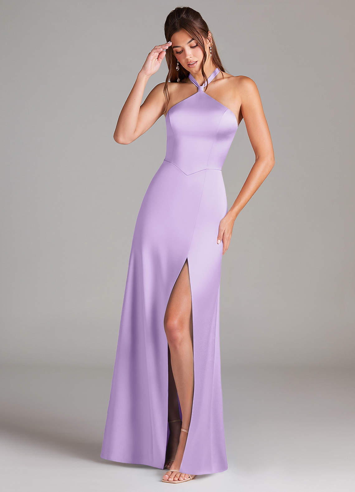 Azazie Elliana Bridesmaid Dresses Lilac A-Line Side Slit Stretch Satin Dress image1