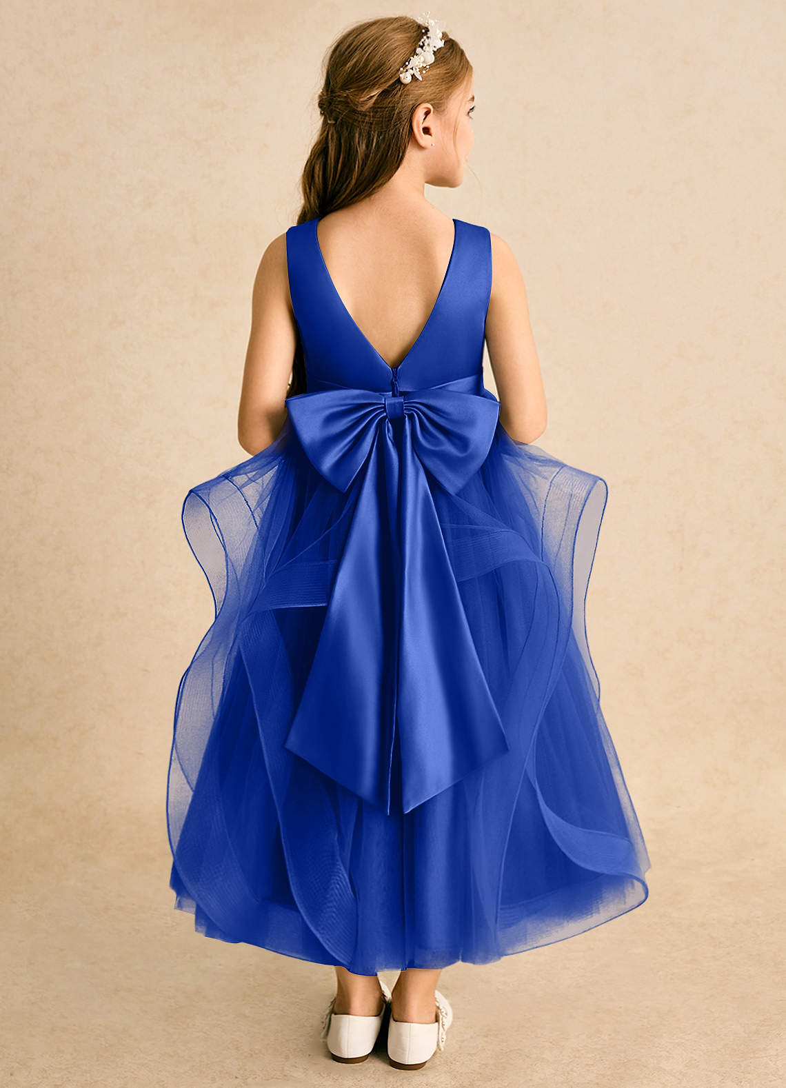Azazie Vana Abiti da Ragazza di Fiori Abito Principessa in Tulle Fiocco Blu Reale image1