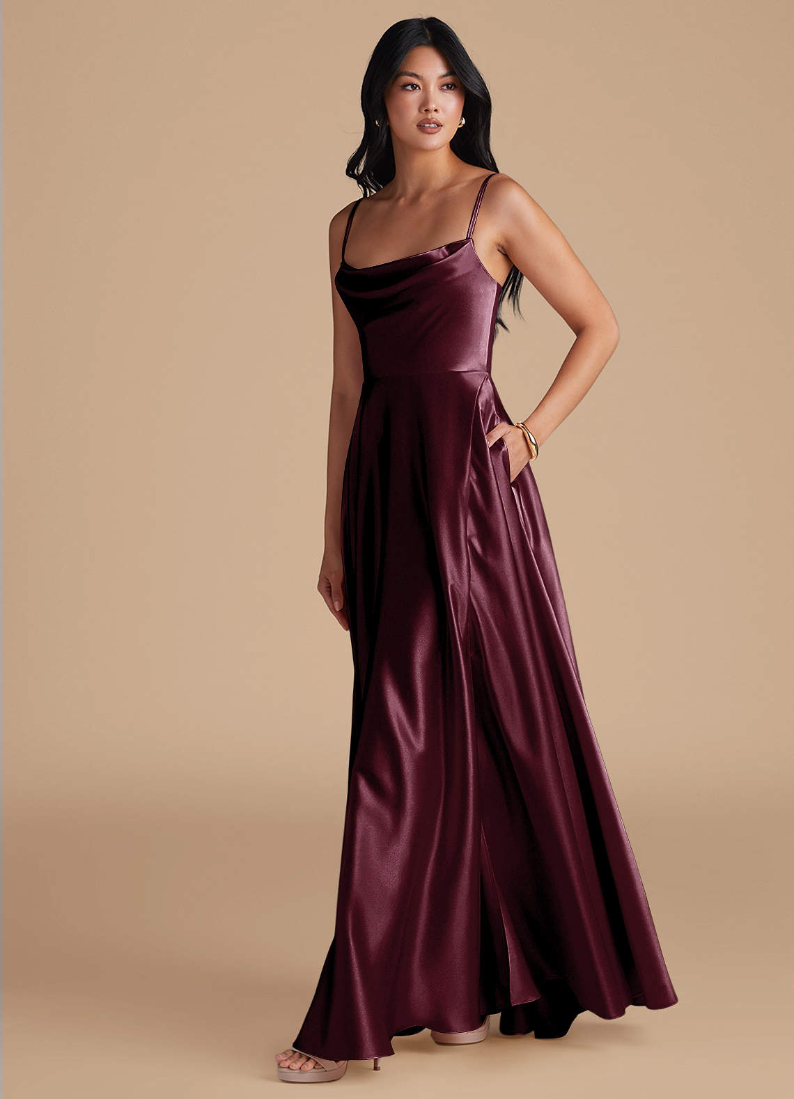 azazie cabernet bridesmaid dress BABARONI Halter Keyhole Neck Chiffon Dress with Pockets-Cabernet Plus Size, Cabernet / US18