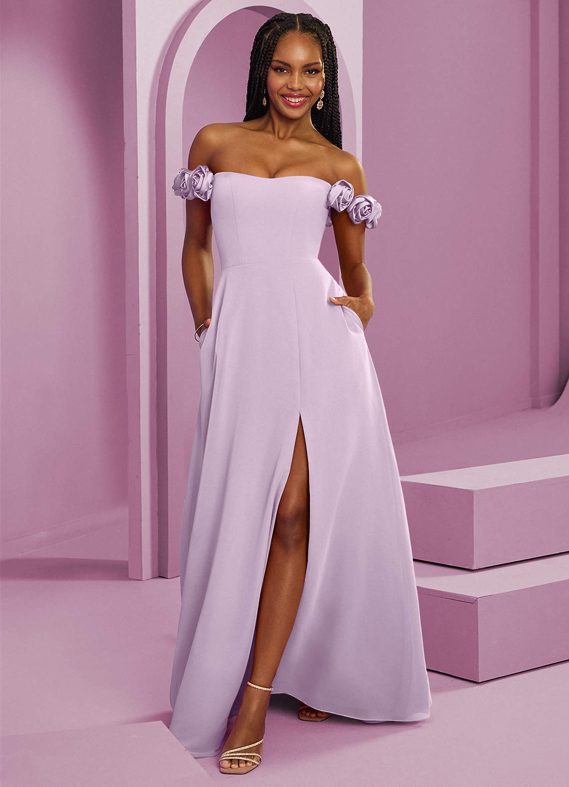 Barbie ♥ Azazie Brautjungfernkleider Wandelbar A-Linie Schulterfrei Chiffon Kleid Frostiges Flieder image1