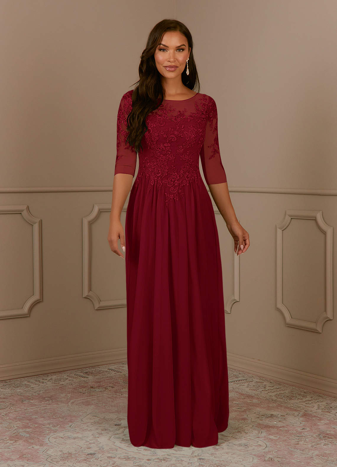Azazie Harriet Mother of the Bride Dresses Burgundy A-Line Scoop lace Mesh Dress image1