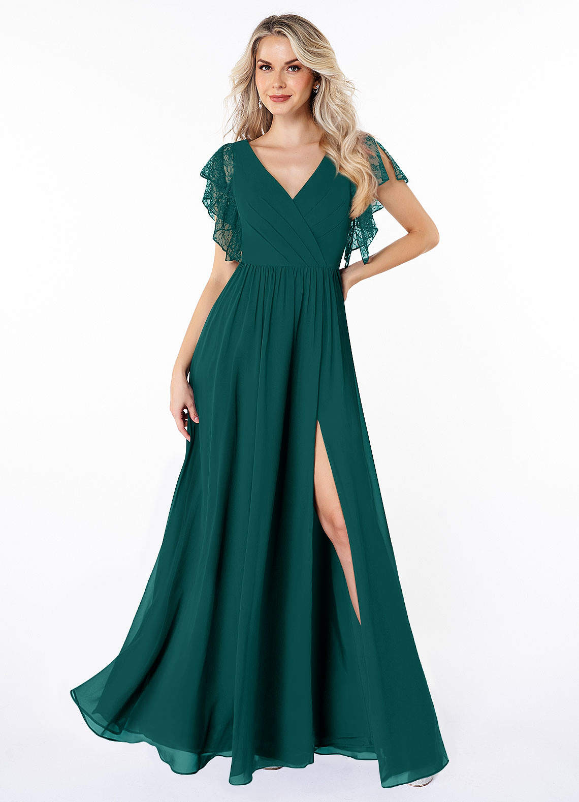 Azazie Zella Bridesmaid Dresses Peacock A-Line Lace Chiffon Dress image1