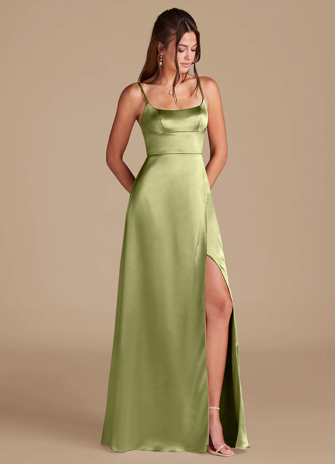 Azazie Halsey Bridesmaid Dresses Pistachio A-Line Side Slit Metallic Satin Dress image1