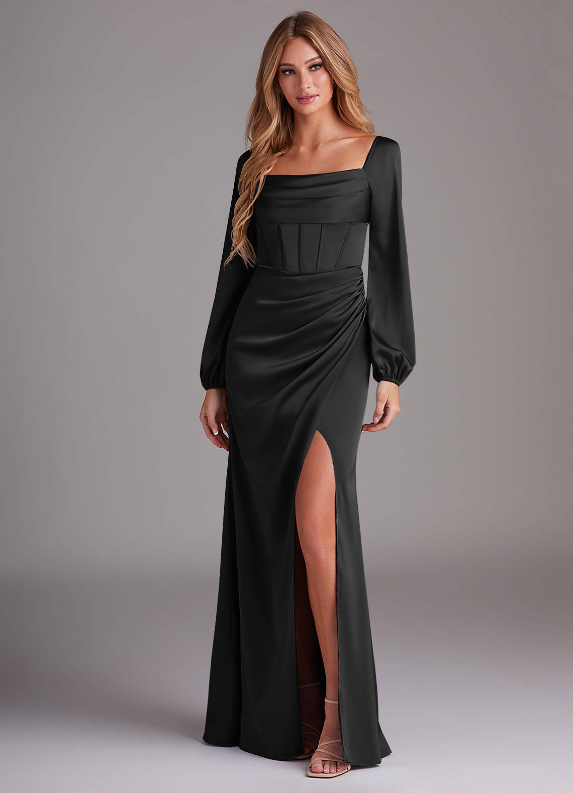 blue dress for baby girl Akari | Black Crew-Neck Maxi Dress with Satin Skirt main image 0