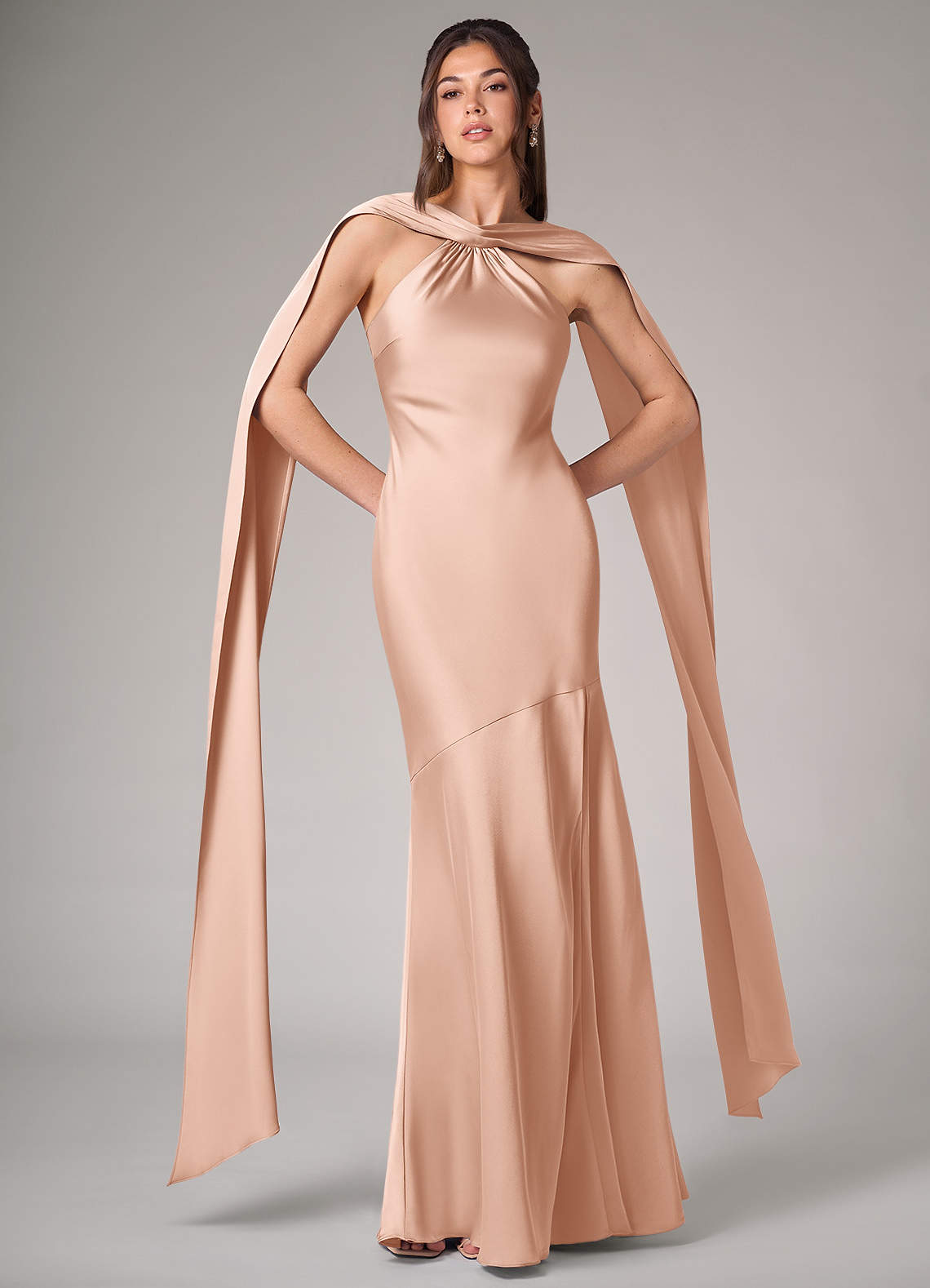 Azazie Kinsley Robes de demoiselle d'honneur Robe Sirène en Satin extensible Fente Latérale Or Rose image1