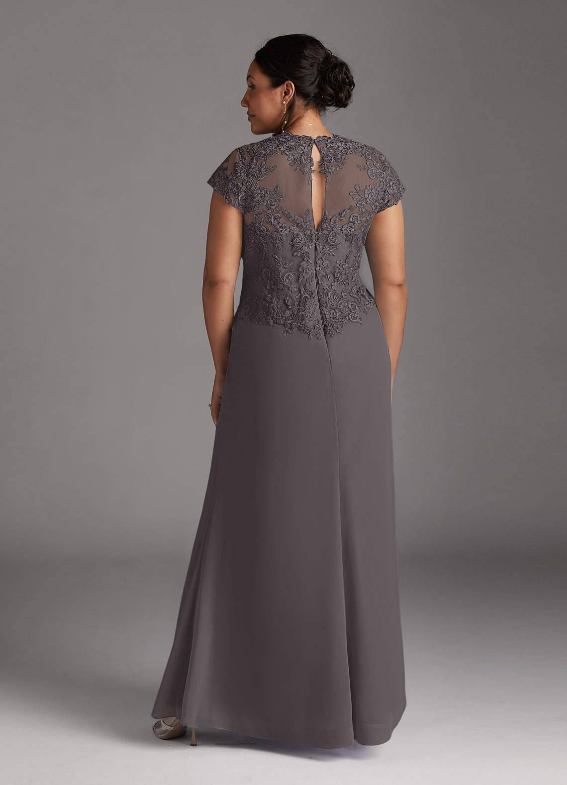 Azazie Junie Steel Grey A-Line Lace Chiffon Dress | Azazie