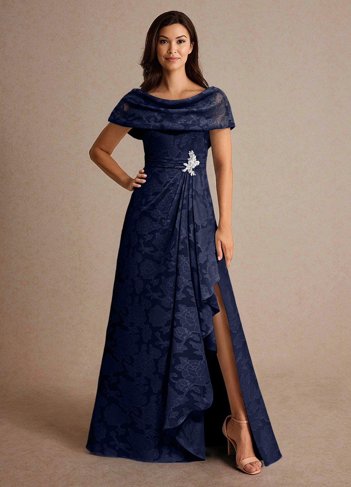 Azazie Branford Mother of the Bride Dresses Dark Navy A-Line Pleated Floral Burnout Dress image1