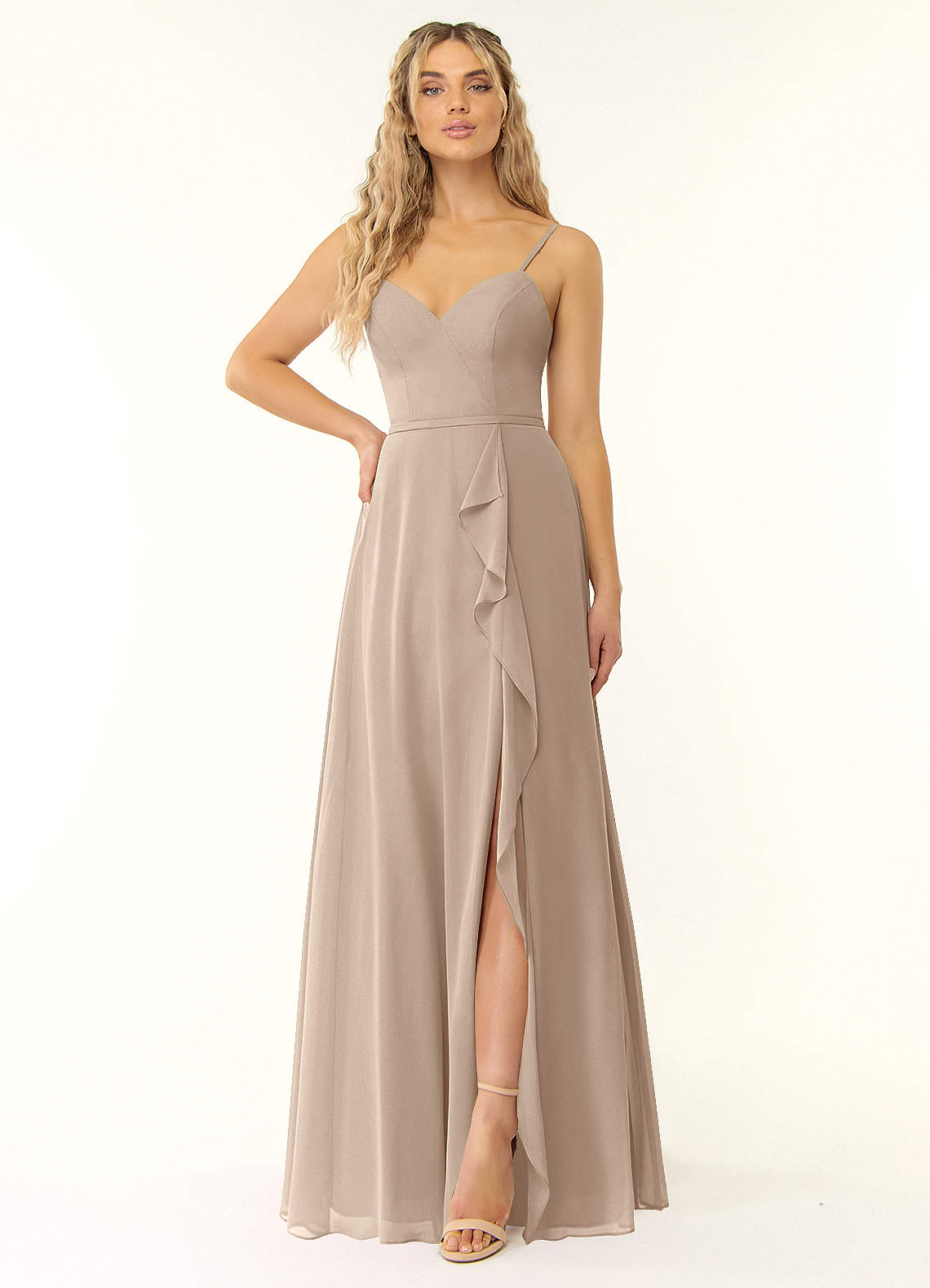 Azazie Naeem Brautjungfernkleider A-Linie V-Hals Rüsche Chiffon Kleid Taupe image1