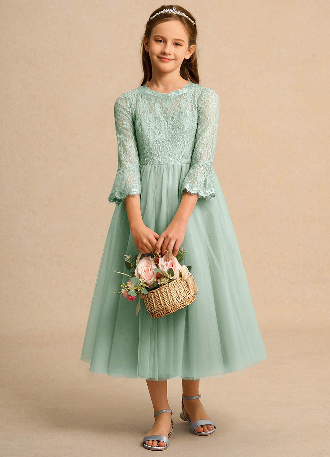 Azazie Lamb Girl Jurken voor bloemenmeisjes Baljurk Jurk van Kant Agave image1