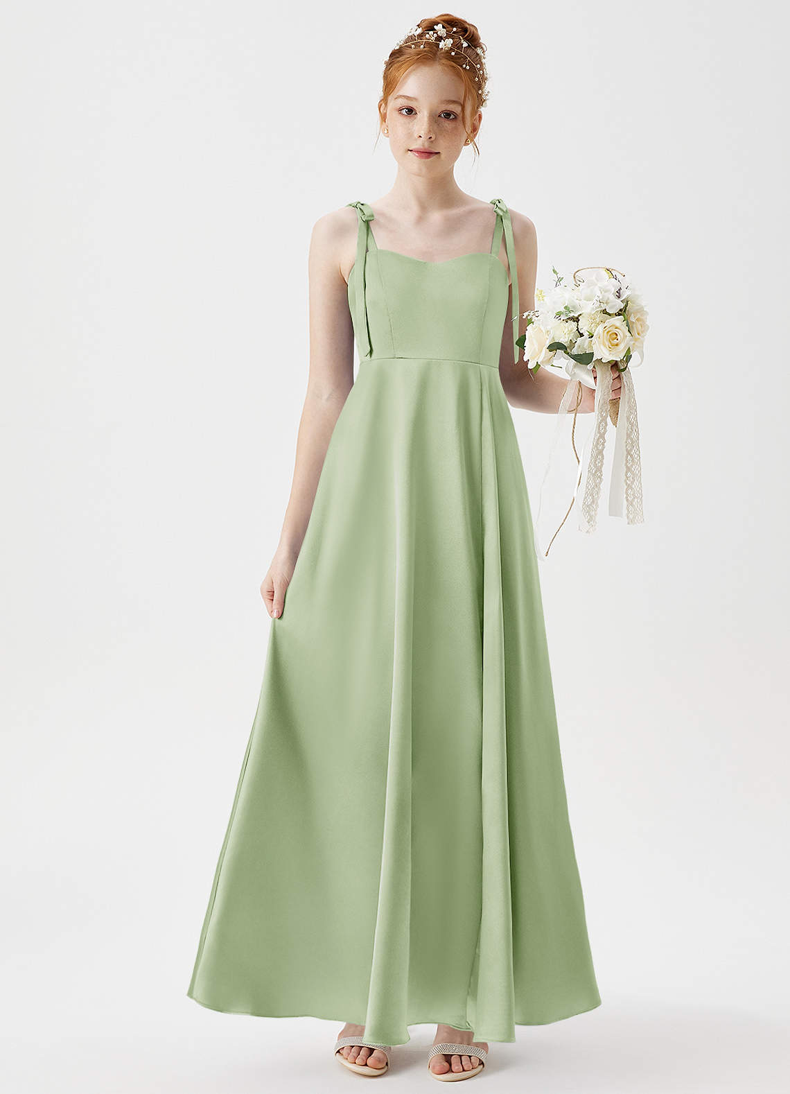 Azazie Rosey Junior Dusty Sage A-Line Sweetheart Neckline Metallic Satin Dress image1